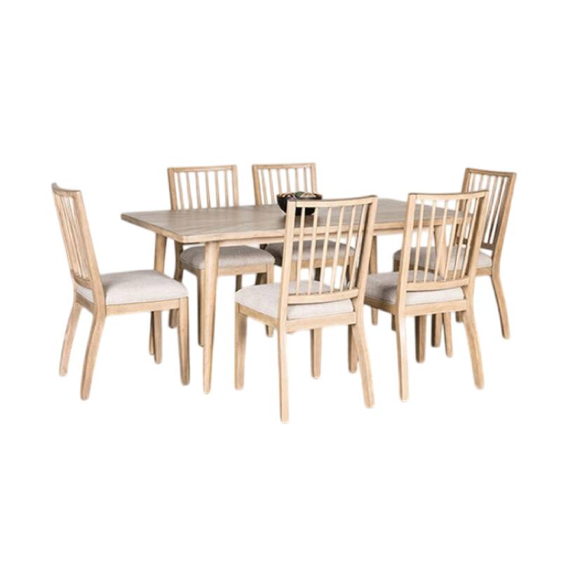 Lucas 7pc Dining Table Set, 6 Spindle Back Fabric Chair, Natural Brown