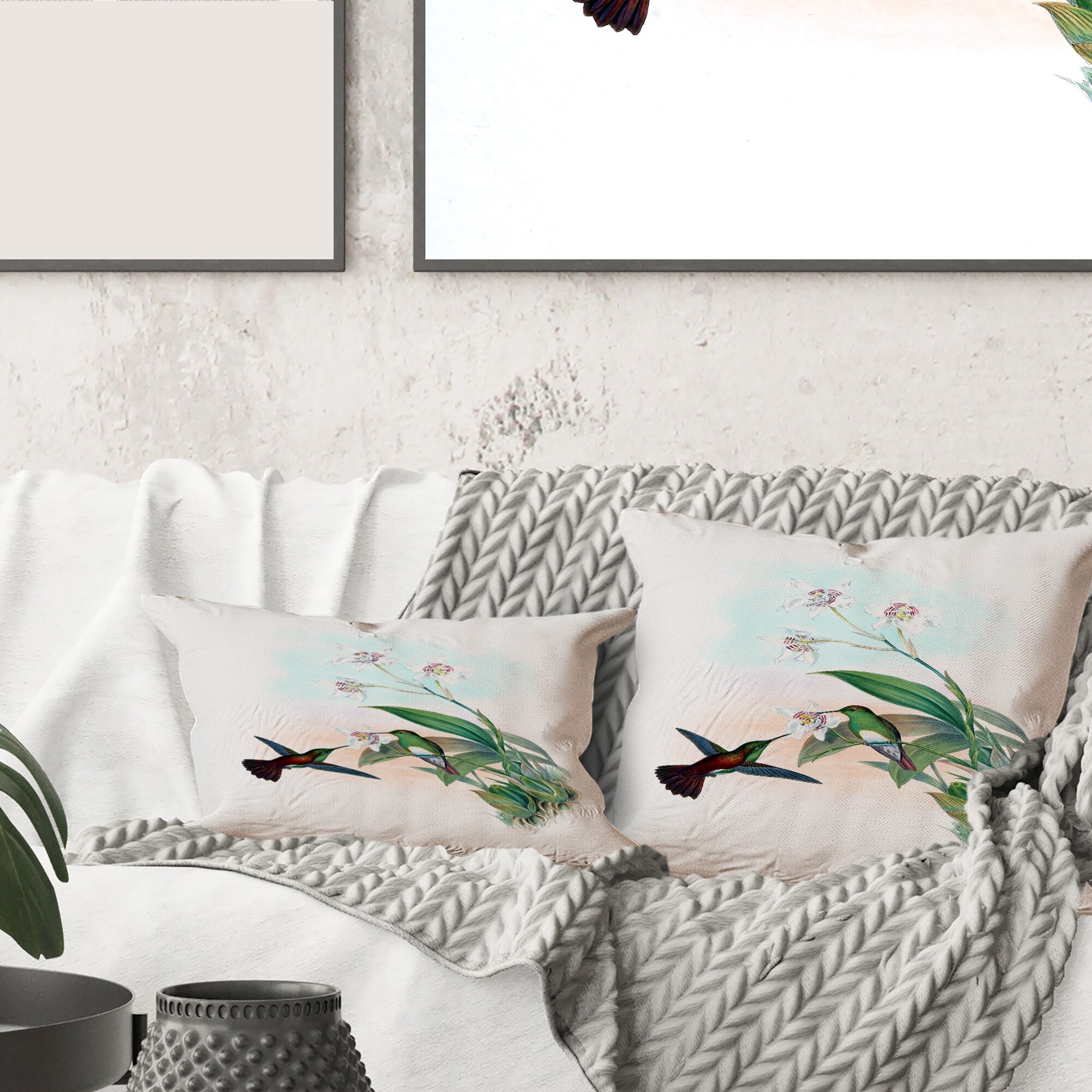 Designart Vintage Hummingbird Flying To A Flower Traditional Printed Throw Pillow