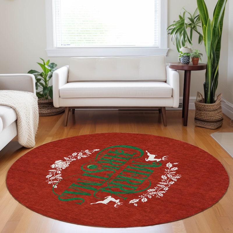 Premium Washable Super Soft Merry Christmas Wreath Mayfield Rug - Red - 8' x 8' - Round