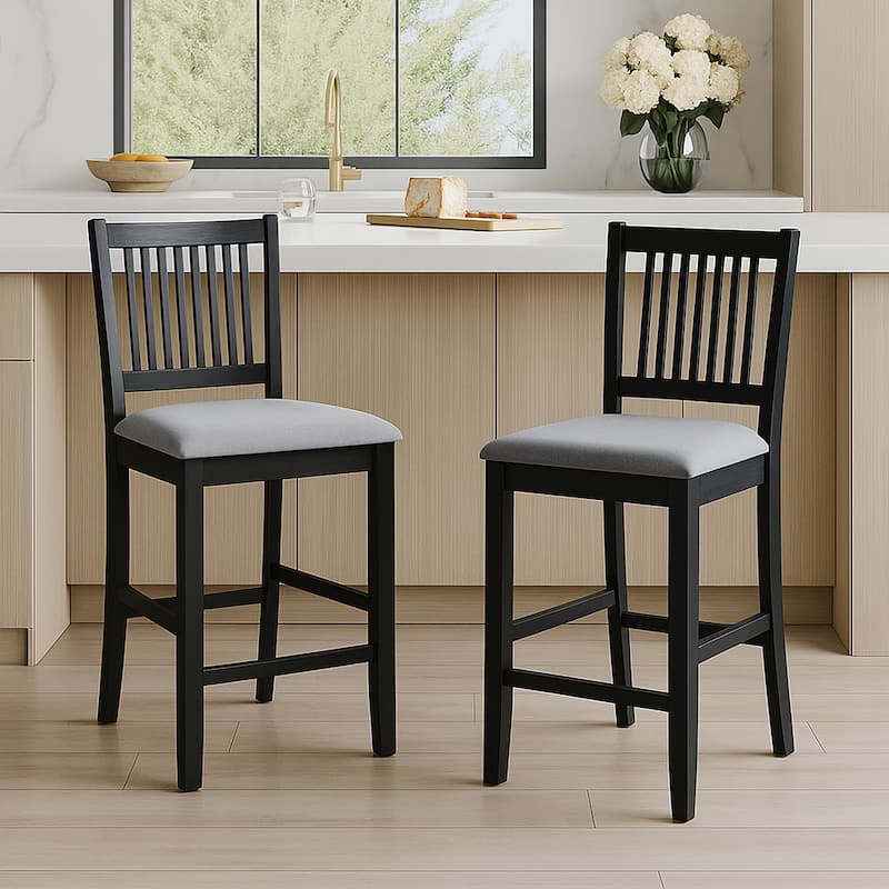 Farmhouse 24.8" Counter Height Chairs Slat Back Padded Wood Bar Stools - 21L×18W×35H - Set of 2 - Black