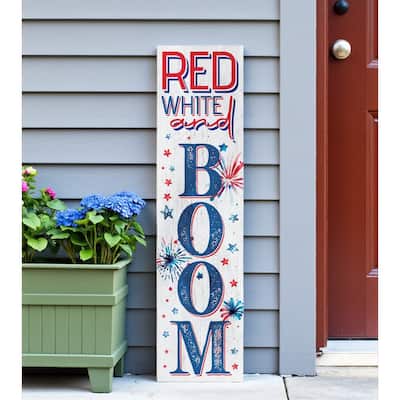 HomeRoots 36" Blue Red And White Solid Wood Red White Boom July Fourth Fireworks Porch Sign