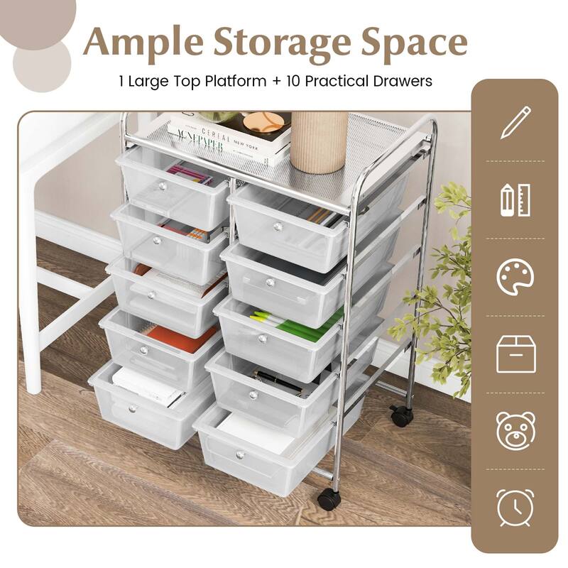 Costway 10-Drawer Storage Cart Utility Rolling Trolley Kitchen Office