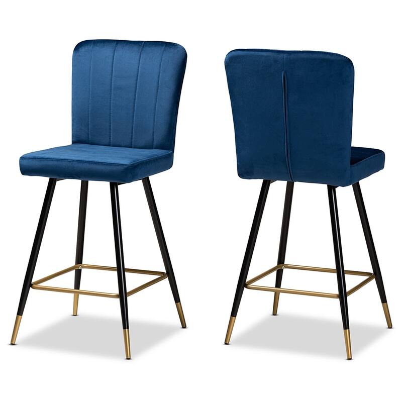 Preston Modern Luxe and Glam Velvet Fabric Upholstered Black and Gold Finished Metal 2-Piece Bar Stool Set