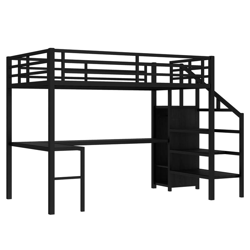 Full Size Metal Loft Bed with L-Shaped Desk, Built-In Wardrobe, USB Charging Port, Adjustable Shelf and LED Lighting