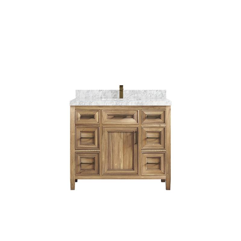 Willow Collections 42 in. W x 22 in. D Santa Monica Teak Single Sink Bathroom Vanity with Countertop - 2" Carrara Marble - Whitewashed Teak
