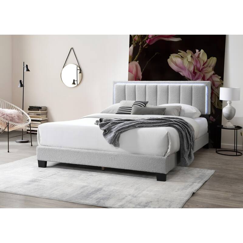 Queen Size Light Gray Wool Fabric Upholstered Bed with LED Headboard and Channel Tufting