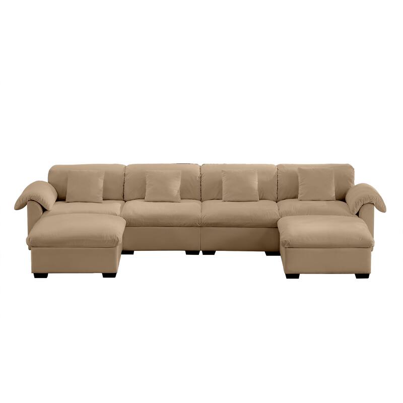 Velvet Fabric Modular Cloud Couch with Storage Seat,Free Combination - Tan+4 Seat+2 Ottoman