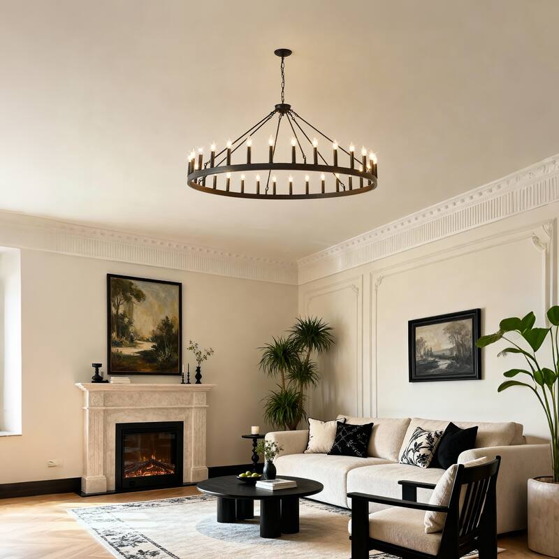 53.15 Inch Matte Black Wagon Wheel Chandelier With 30 Light (No Bulbs)-E12