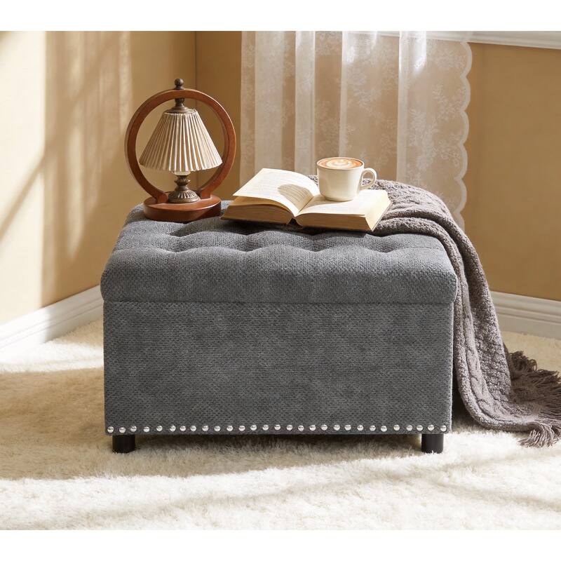 Storage Ottoman,Tufted Footstool, Nailhead Trim Ottoman, Square Storage Ottoman, Upholstered Coffee Table, Bedroom Storage - Light Gray