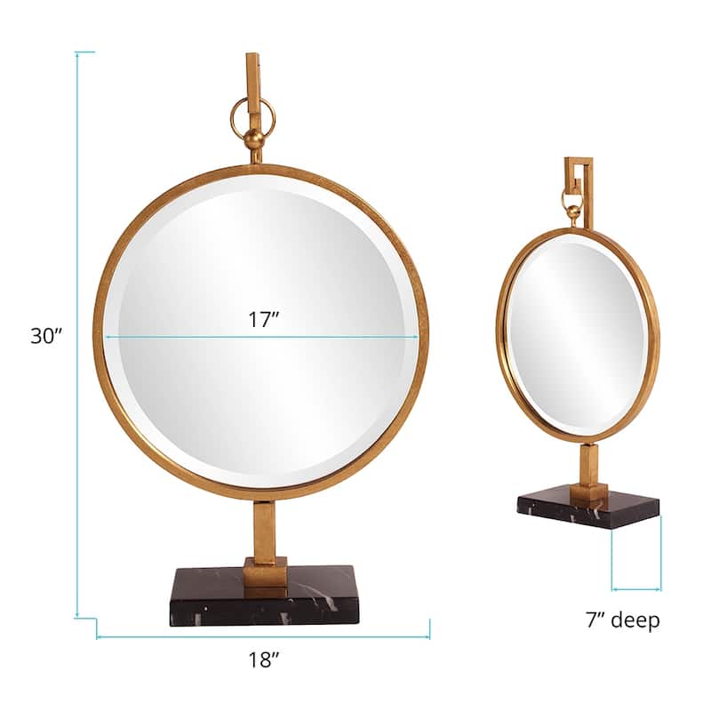 Allan Andrews Round Gold Metal Framed Tabletop Mirror with Marble Base - 17"D x 30"H