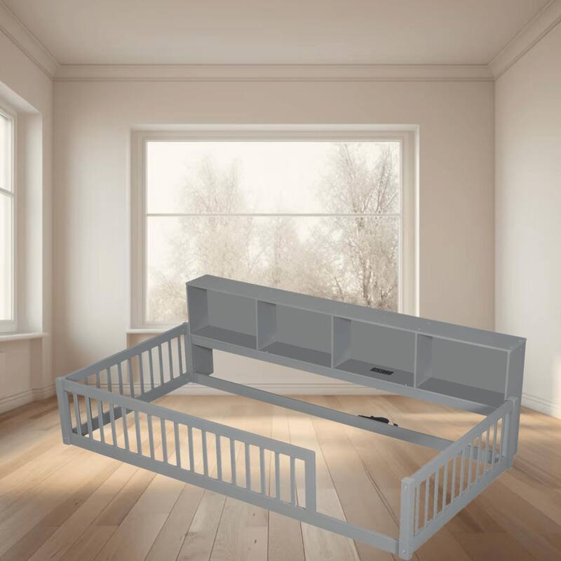 Twin XL Size Floor Bed with Built-in Storage Cabinets, USB Ports, and Charging Station, Perfect for Kids and Small Rooms - Grey - Twin