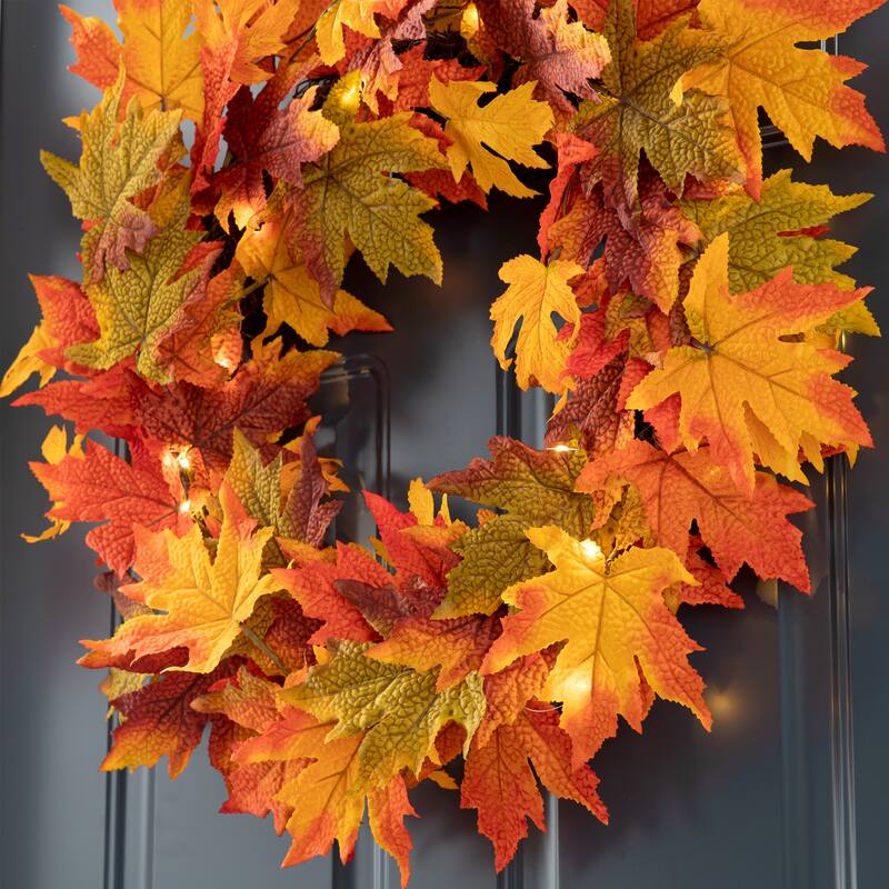 Glitzhome Thanksgiving LED Lighted Fall Maple Leaves Wreath & Garland with Timer