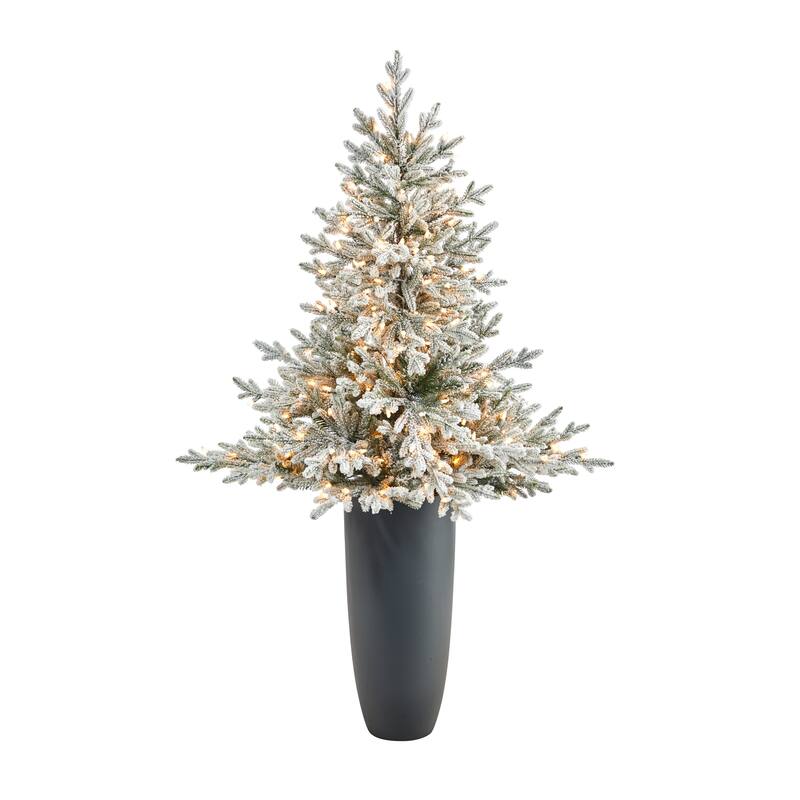 5' Flocked Artificial Christmas Tree with 300 Lights in Gray Planter