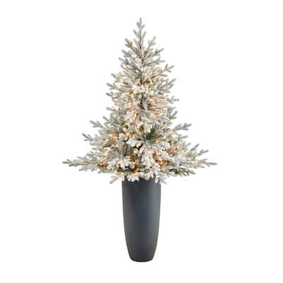 5' Flocked Artificial Christmas Tree with 300 Lights in Gray Planter
