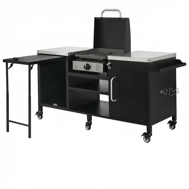 72.4" Large Grill Table Cart for Big Green Egg - Metal Outdoor Kitchen Island with Fold-out Prep Table & Adjustable Shelves