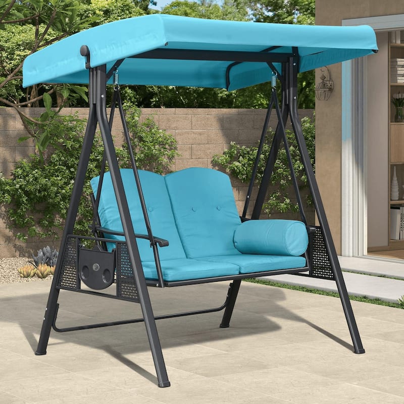 PURPLE LEAF Outdoor Patio Porch Swing with Stand, Swing Chair with Adjustable Tilt Canopy Steel Frame, Cushions Included - 2-Seat - Turquoise Blue