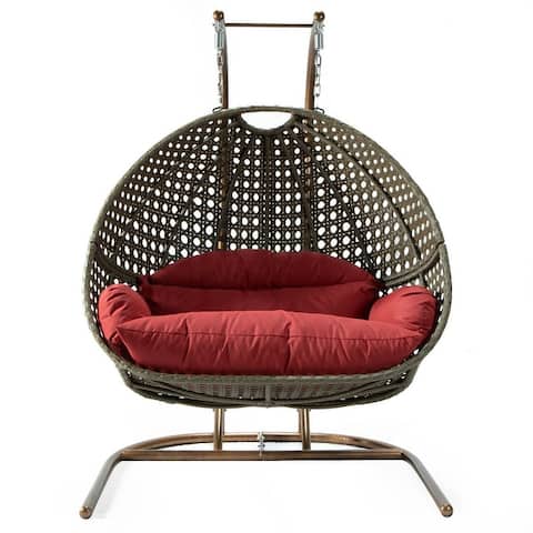 LeisureMod Beige Wicker Double 2 Person Hanging Egg Swing Chair