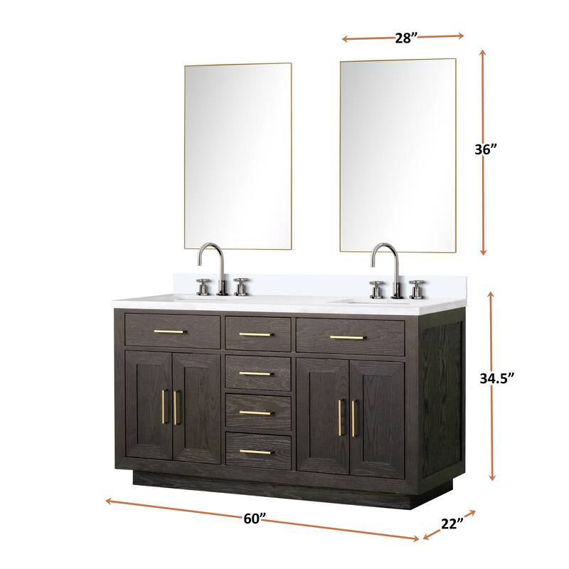 Abbey 60 in W x 22 in D Black Oak Double Bath Vanity, Cultured Marble Top, Faucet Set, and 28 in Mirrors