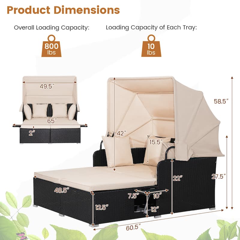Gymax Patio Rattan Daybed Lounge Retractable Top Canopy Side Tables