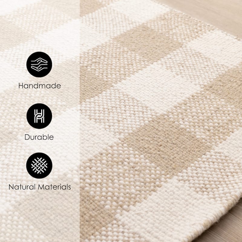 Beige White Plaid Handmade Wool Rug