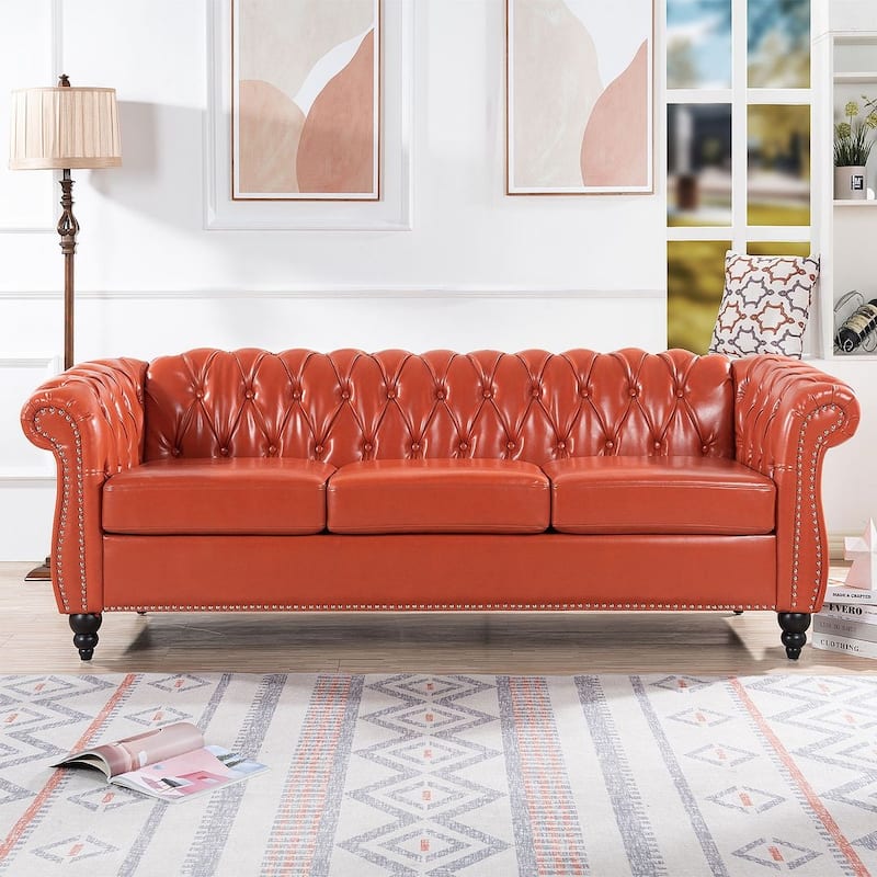 84.65" Chesterfield Tufted Faux Leather Sofa with Rolled Arms