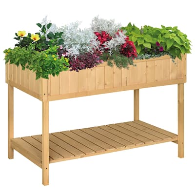 Raised Garden Bed with 8 Pockets and Shelf, Wooden Elevated Box with Legs to Grow Herbs, Vegetables, and Flowers, Natural
