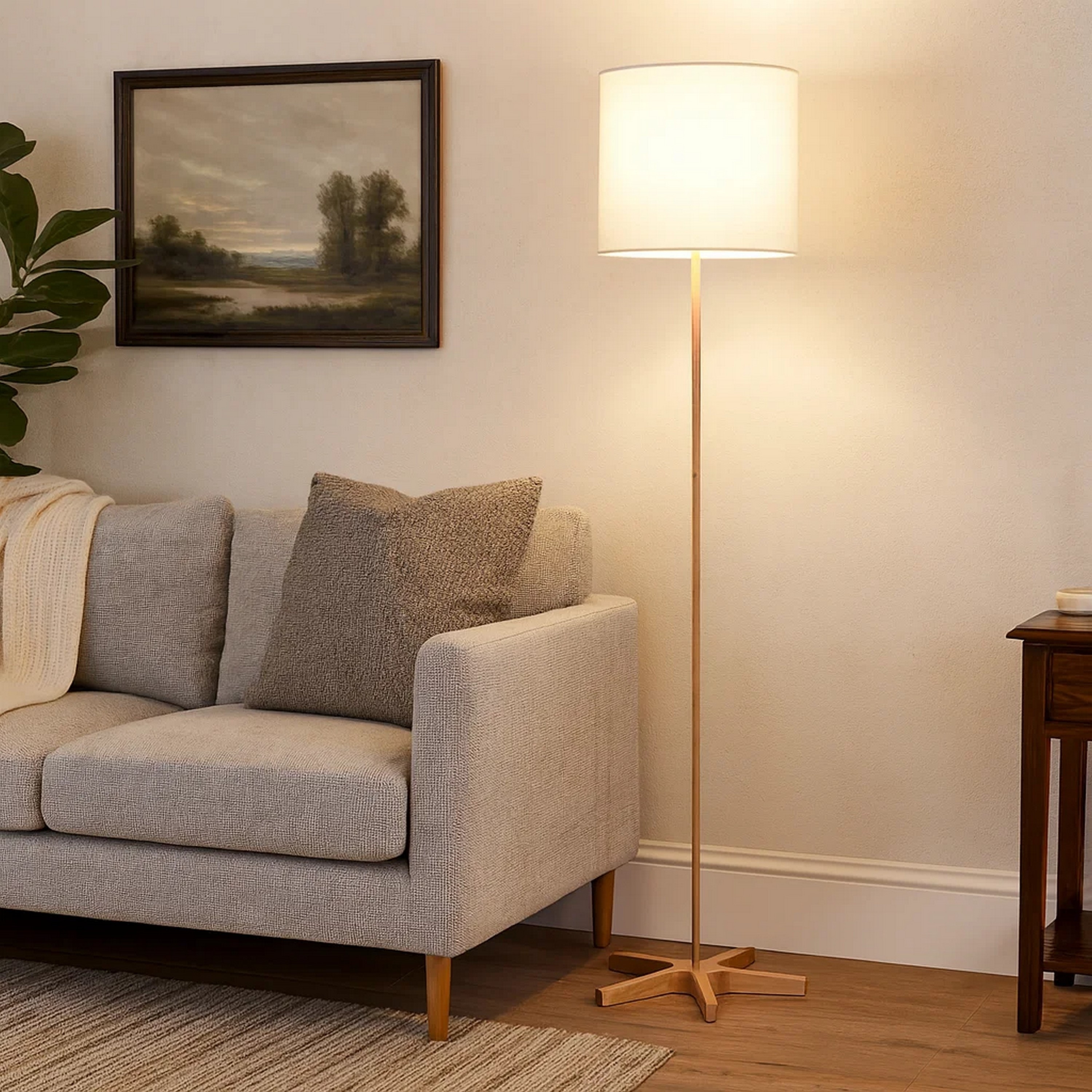 Plue 62 Inch Floor Lamp, Brown Pole w Star Wood Base, White Shade