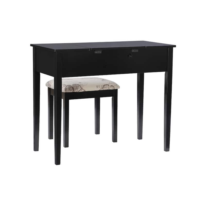 Linon Drochia Black Vanity Table with Mirror and Stool