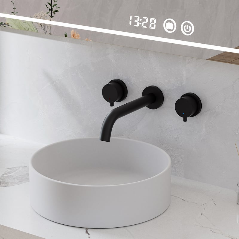 Matte Black Round Double Handle Wall-Mount Bathroom Basin Faucet