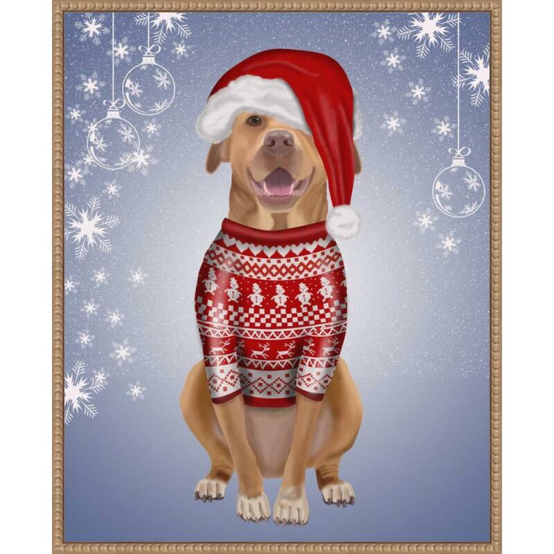 Pitbull in Christmas Sweater by Fab Funky (23 x 28 in.), Framed Canvas Wall Art Print - Sylvie Beaded Rustic Natural