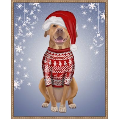 Pitbull in Christmas Sweater by Fab Funky (23 x 28 in.), Framed Canvas Wall Art Print - Sylvie Beaded Rustic Natural