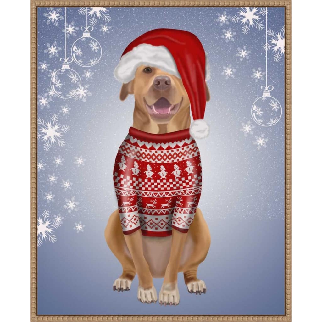 Pitbull in Christmas Sweater by Fab Funky (23 x 28 in.), Framed Canvas Wall Art Print - Sylvie Beaded Rustic Natural
