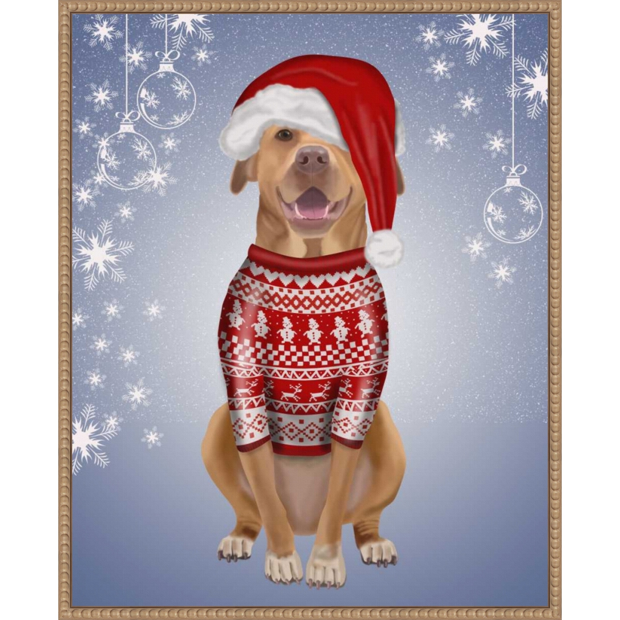 Pitbull in Christmas Sweater by Fab Funky (23 x 28 in.), Framed Canvas Wall Art Print - Sylvie Beaded Rustic Natural