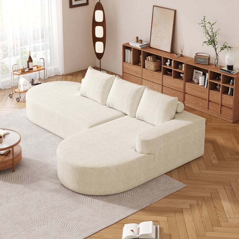 L Shaped Modular Curved Sectional Sofa, Chenille Upholstered 3 Seat Sofa, Corner Sofa with 3 Pillows for Living Room, Bedroom