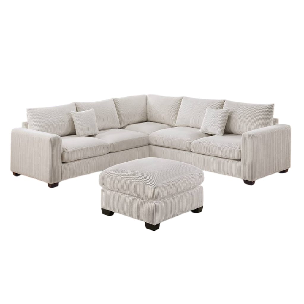 Rey 4pc L Sectional Sofa Set, 2 Accent Pillows, Ivory Corduroy Fabric