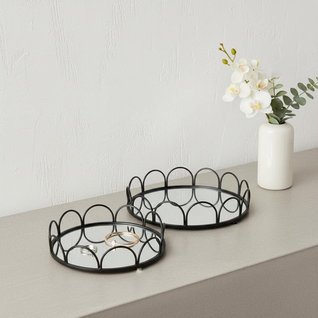 HomeRoots Set of Two Black And Silver Metal And Mirrored Glass Round Vanity Trays - 18.90 in. x 4.33 in. x 18.90 in.