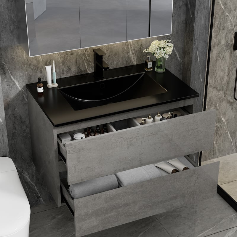 Wall Mounted Bathroom Vanity Sink with Black Sink & Faucet