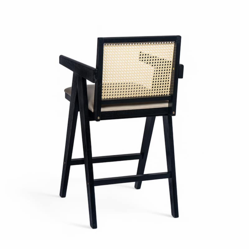 Mid-Century Modern Cane Plastic Backrest Bar Stool, Fabric Upholstered Dining Chair with Rubberwood Frame, Set of 2