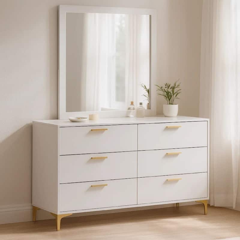 white and gold dresser with mirror Antonella 7-Drawer Upholstered Dresser With Mirror Ivory