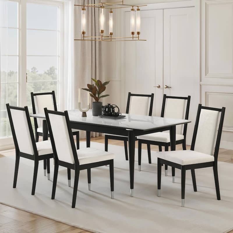 Furniture of America Kalor Modern 7-Piece Black and White Sintered Stone Top Rectangle Dining Table Set - Black and White