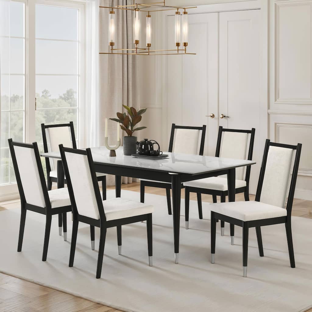Furniture of America Kalor Modern 7-Piece Black and White Sintered Stone Top Rectangle Dining Table Set