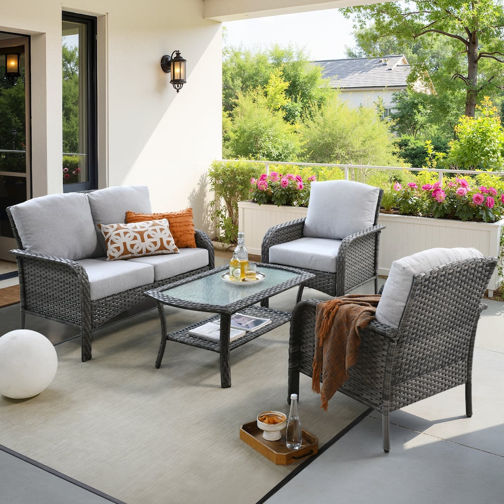 HOOOWOOO 4-piece Wicker Outdoor Conversation Set with Glass Coffee Table