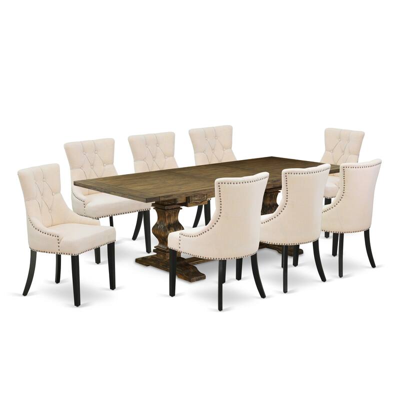 East West Furniture Dining Room Set- a Wooden Table and Light Beige Linen Fabric Dining Chairs, (Pieces & Finish Options)