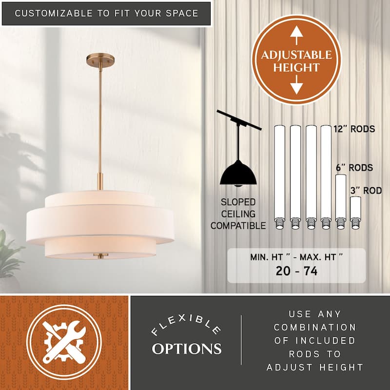 VAXCEL Brentwood Sunset Gold Mid-Century Modern Drum Pendant, White Linen Fabric Shade, Hanging Ceiling Light Fixture