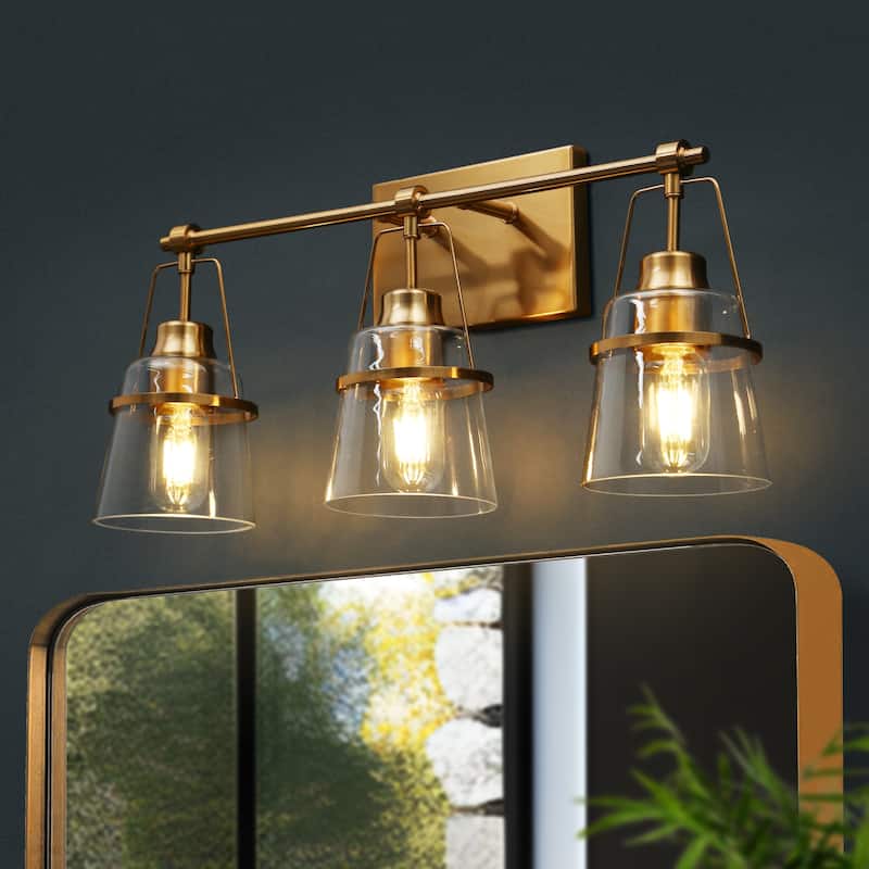 Modern Gold 3-Light Bathroom Vanity Light Clear Glass Wall Sconce - L 21.2" x D 5.5" x H 10.2"