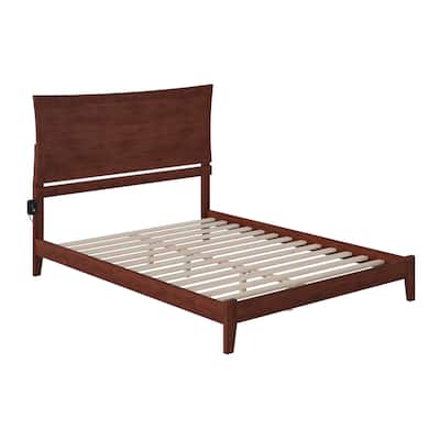 Low Profile Platform Bed - Walnut Finish, USB Charging, Hardwood Frame & Wood Slats