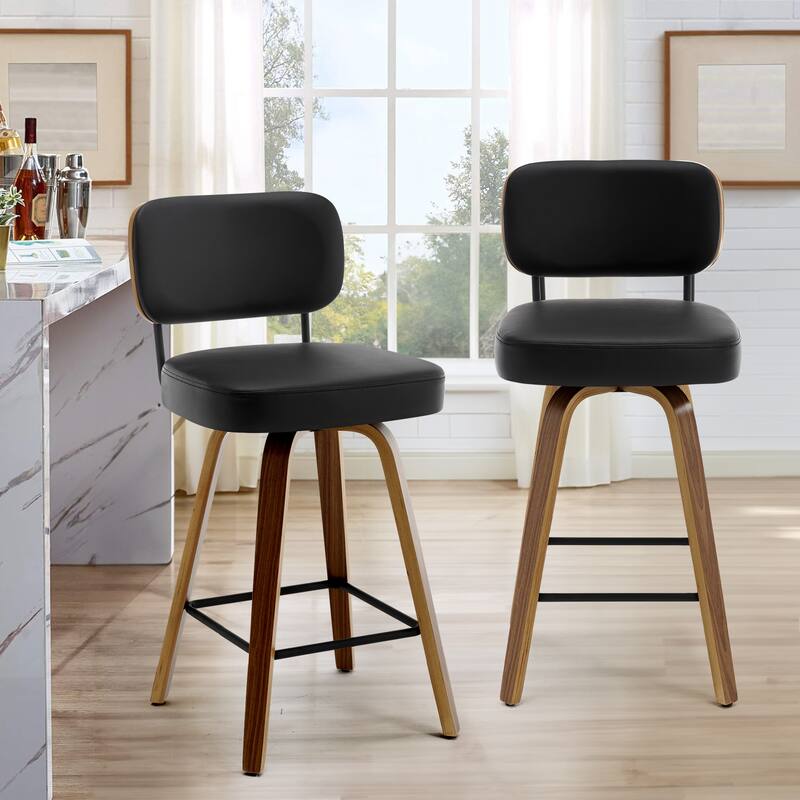 26"/29" Swivel Bar Stools/ Counter Stools with Bentwood Legs - Set of 2 - Black-PU Back - Counter Height