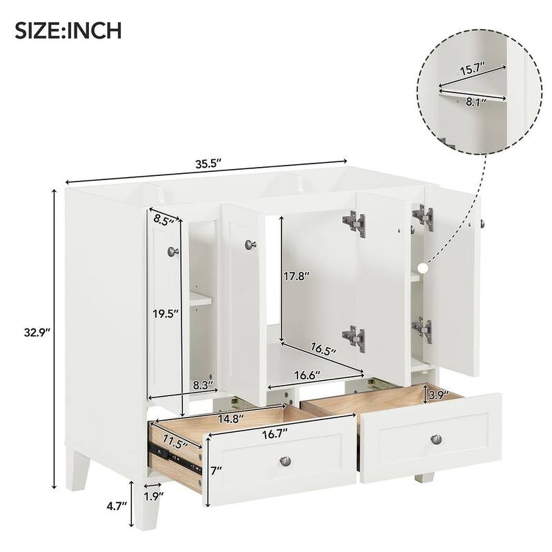 36'' Bathroom Vanity with Sink Set, Solid Wood Frame Bathroom Storage Cabinet, Freestanding Vanity Set - White - Without Sink