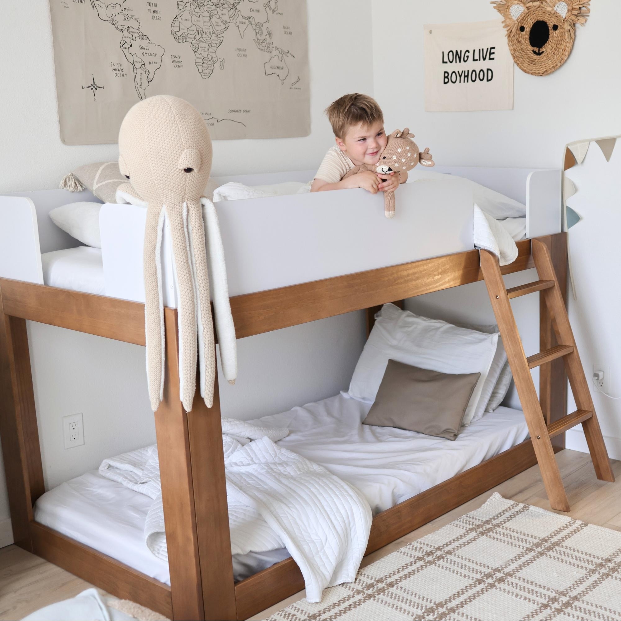 Max Lily Low Bunk Bed Mid Century Modern Bunk Bed Solid Wood Twin Over Twin Bed Frame for Kids No Box Spring Needed Pecan White