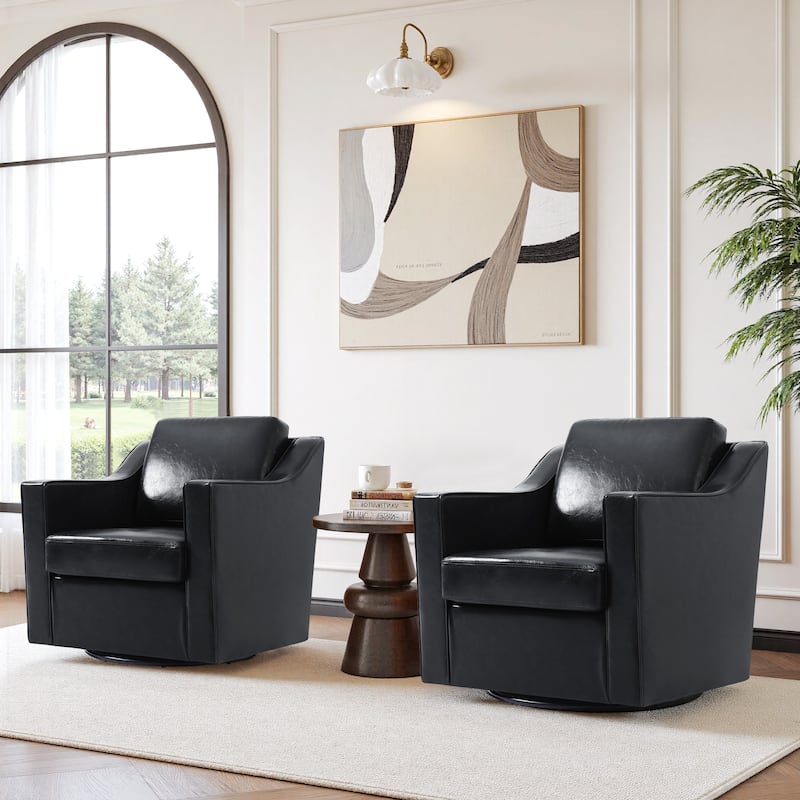 Chenille/Leather Swivel Barrel Chair(Set of 2) Modern Club Chair by UIXE - Leather - Black